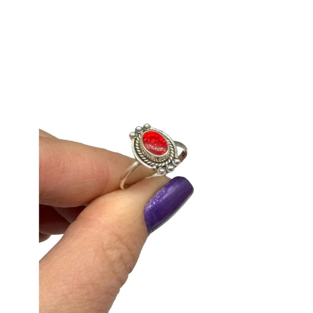 Australian Fire Opal Ring Size 7.5 Solid 925 Sterling Silver Red Orange